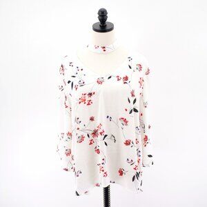 A.N.A. XL Sheer V-Neck W/ Choker White Black Red Sheer Floral Blouse Top Long Sl
